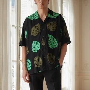 Caribelle  Batik Brown Leaf Print Short Sleeve NWT Hawaiian  Button Down xl